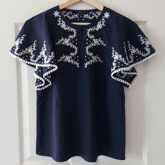 J. Crew Tops - J Crew Navy Blue Embroidered Trim Flutter Sleeve Top Shirt Blouse Size XS